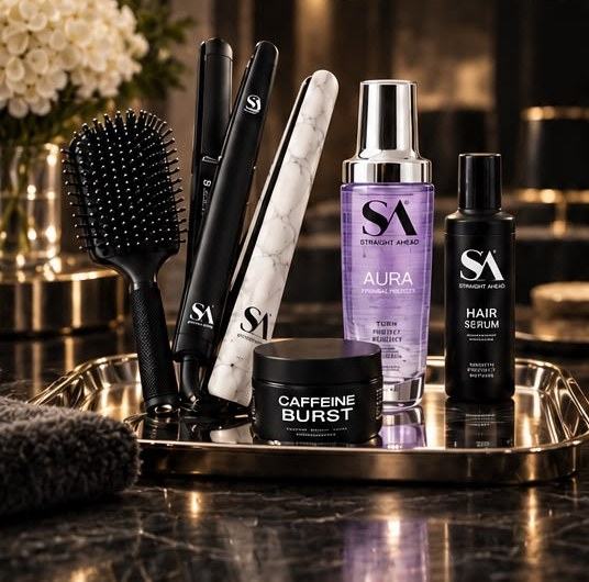 Straight Ahead flat irons, brush, Aura serum, hair serum and Caffeine Burst mask on a tray